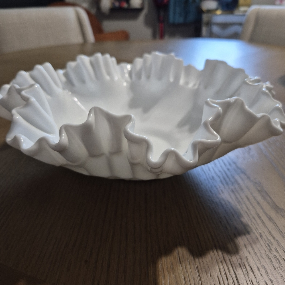Fenton Glass Crimped White Dish Vintage
